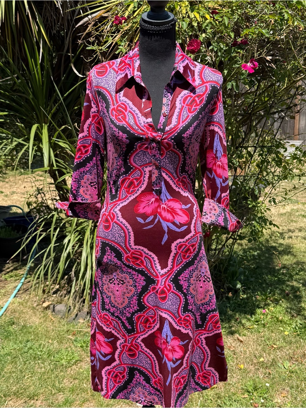 Betsey Johnson Burgundy, Pink and Purple Paisley Floral Long-Sleeve Shirt Dress